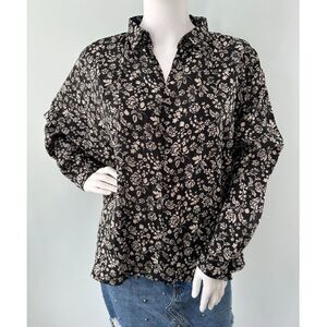 ICHI Antiquites Linen Flower Print 100% Linen Oversized Button Up Shirt Blouse